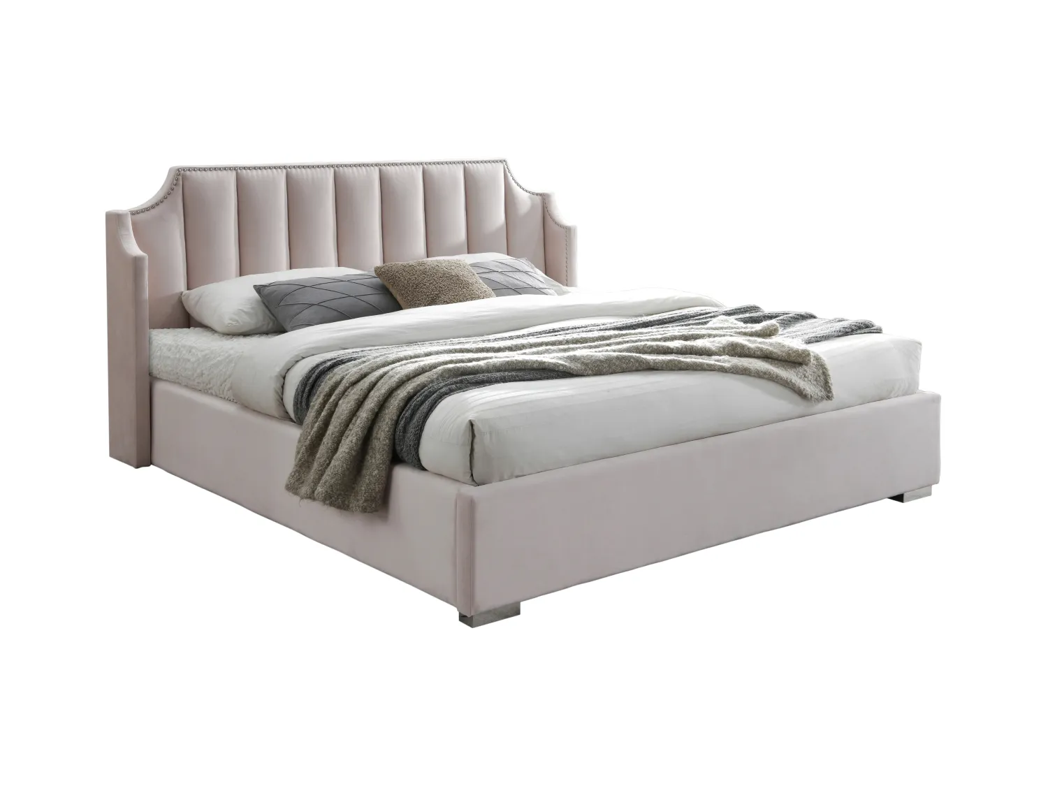 Bett mit Bettkasten & geschwungenem Kopfteil + Matratze - 160 x 200 cm - Samt - Rosa - TEOMIS