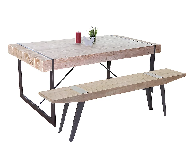 Eetkamergarnituur MCW-A15b (2-delig), Eetkamerset MCW-A15b, eettafel + 1x bank, massief rustiek dennenhout MVG-gecertificeerd 160cm