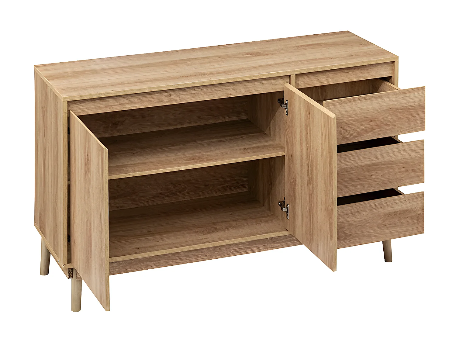 Buffet, meuble de rangement en bois avec 2 portes et 3 tiroirs coloris Beige