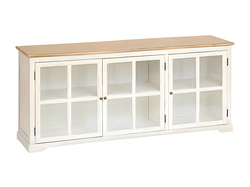 Buffet, meuble de rangement avec 3 portes en bois naturel , blanc et verre