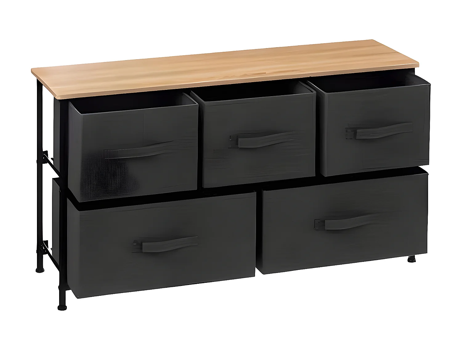 Commode basse , meuble de rangement avec 5 tiroirs coloris Gris Foncé, naturel