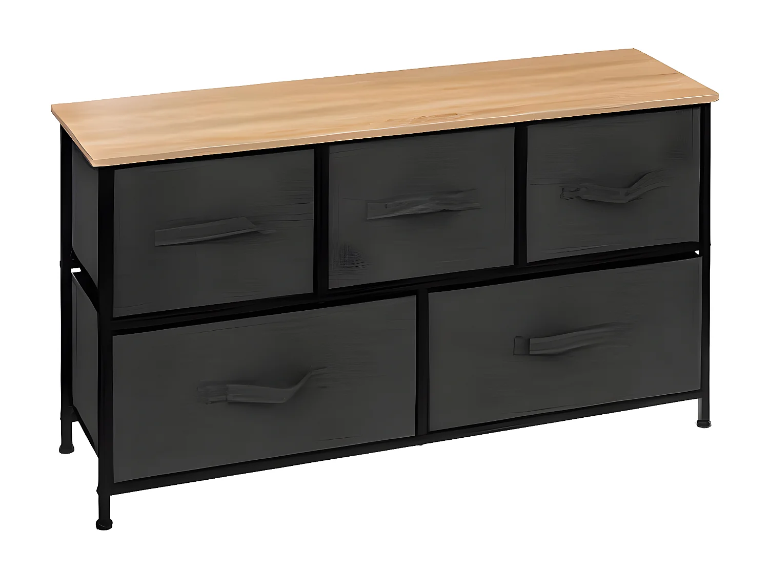 Commode basse , meuble de rangement avec 5 tiroirs coloris Gris Foncé, naturel