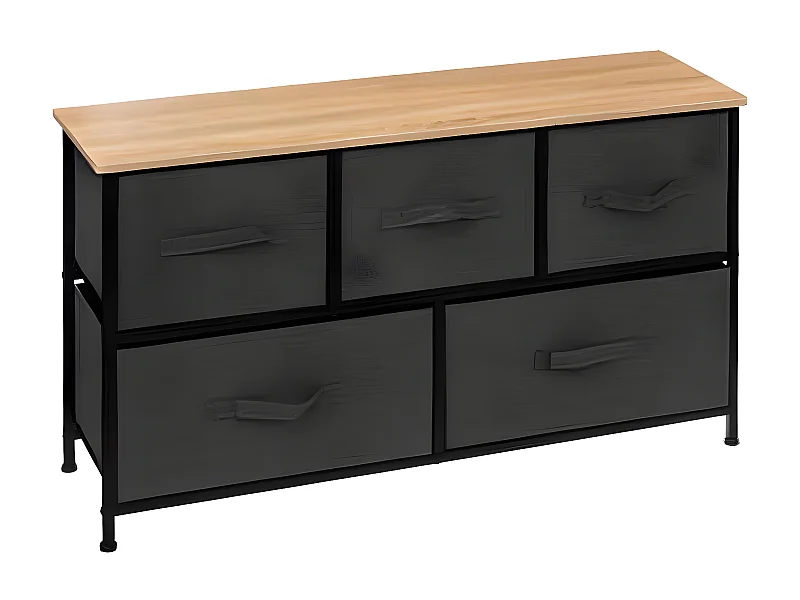Commode basse , meuble de rangement avec 5 tiroirs coloris Gris Foncé, naturel