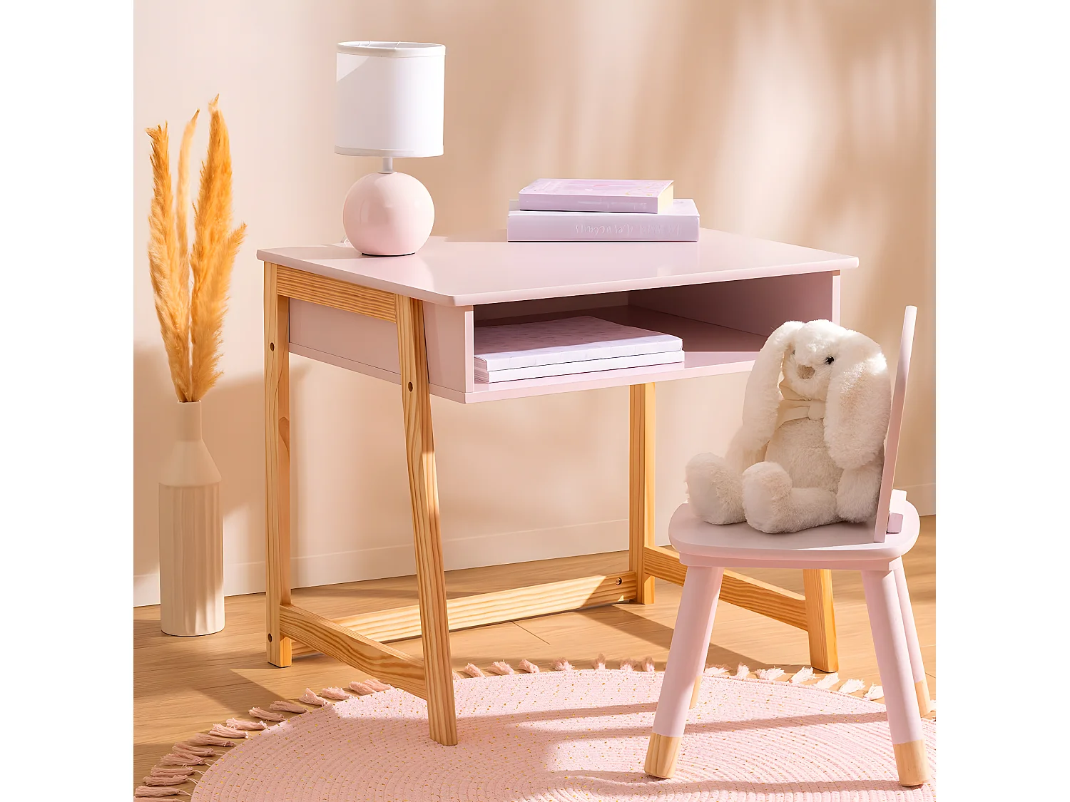 Table du bureau, meuble de bureau coloris rose et naturel - L. 58  x P. 46  x H. 52  cm