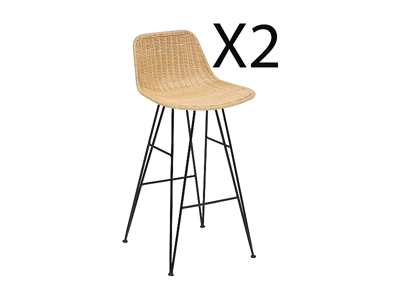 Lot de 2 chaises de bar en bois de rotin coloris Beige et pieds en métal coloris noir