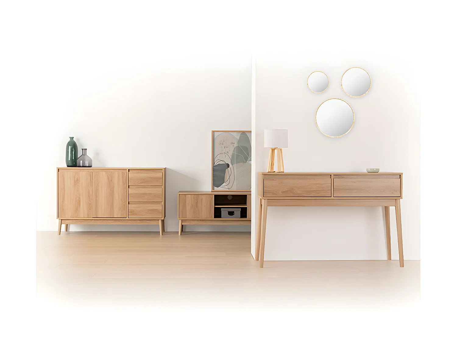 Table console, meuble console avec 2 tiroirs en bois coloris beige