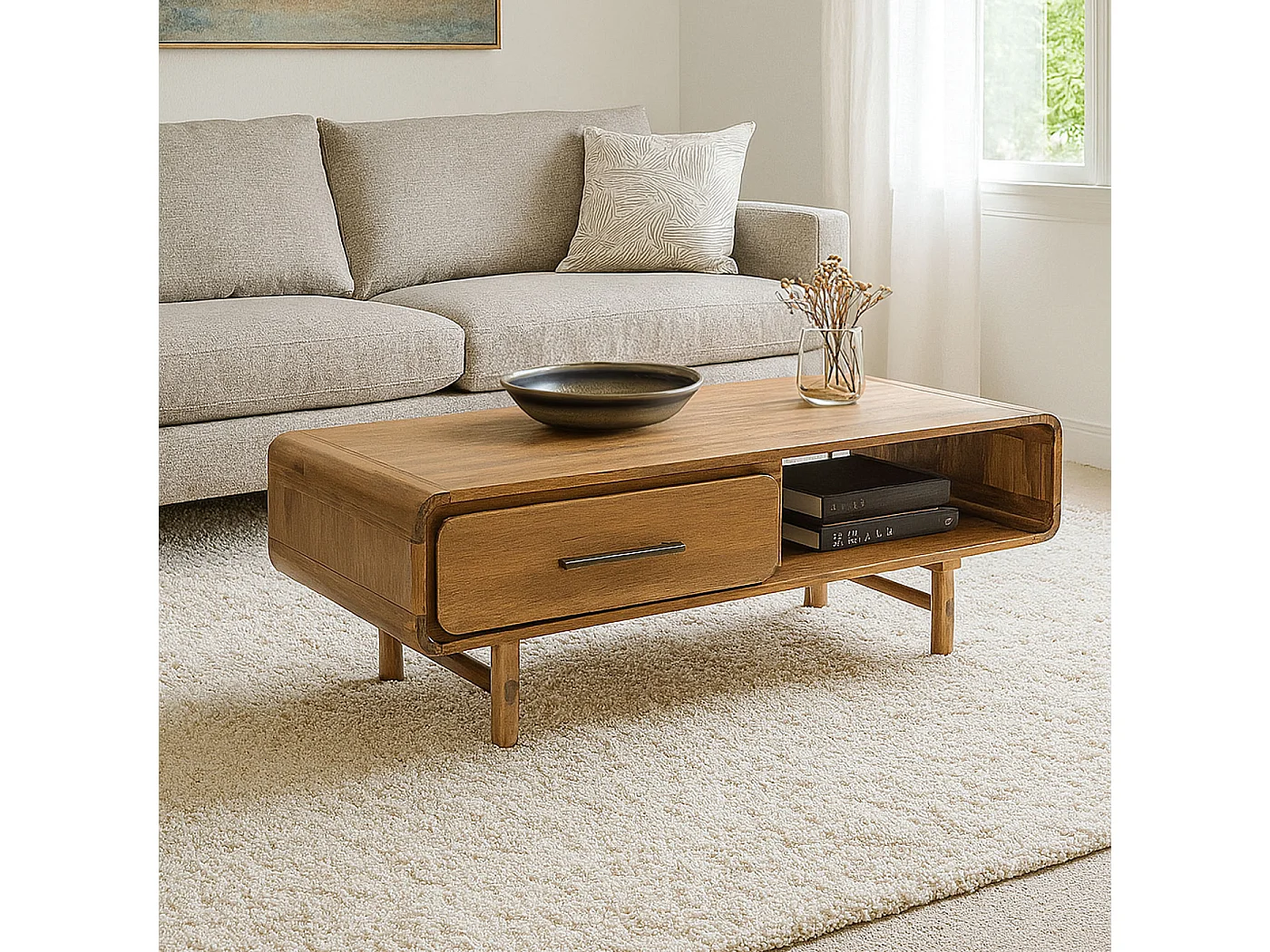 Couchtisch MCW-M47, Wohnzimmertisch Beistelltisch Sofatisch, Schublade, Akazie Massiv-Holz gebeizt 44x125x60cm 25kg