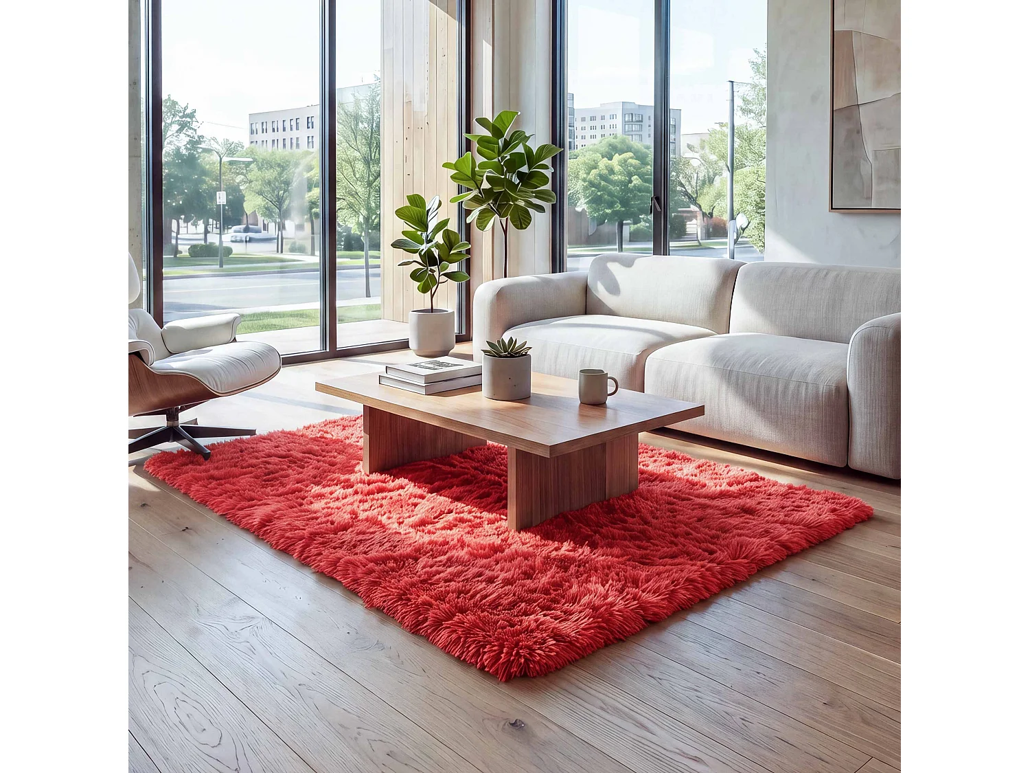 Teppich MCW-F69, Shaggy Läufer Hochflor Langflor, Stoff/Textil flauschig weich 200x140cm, rot