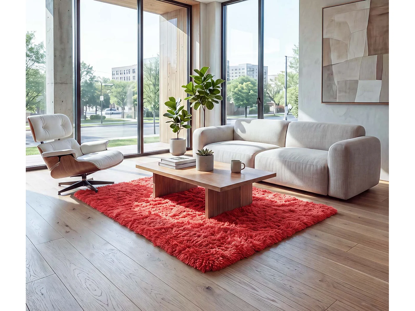 Teppich MCW-F69, Shaggy Läufer Hochflor Langflor, Stoff/Textil flauschig weich 200x140cm, rot