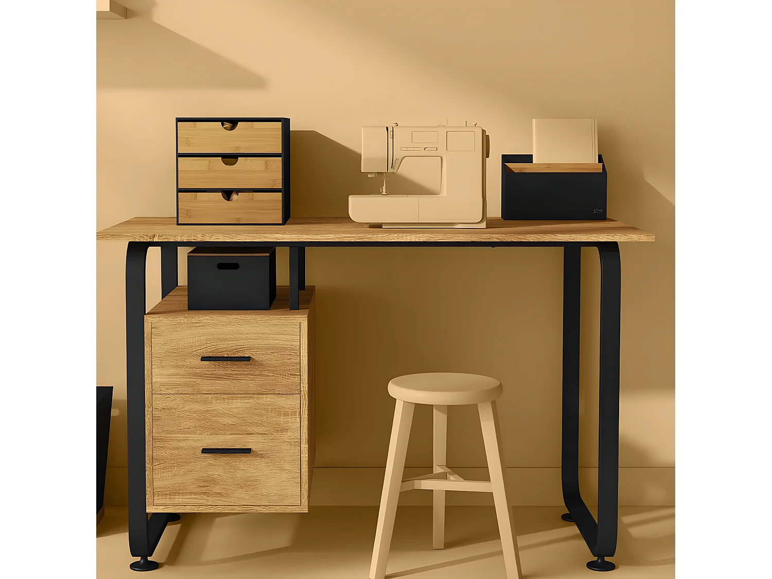 Organiseur de bureau, rangement de bureau en bois coloris noir - L. 25 x P. 9 x H. 16 cm