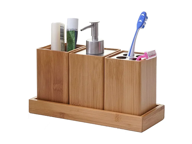 Set accessori da bagno MCW-B85 4 pezzi legno bambu e metallo