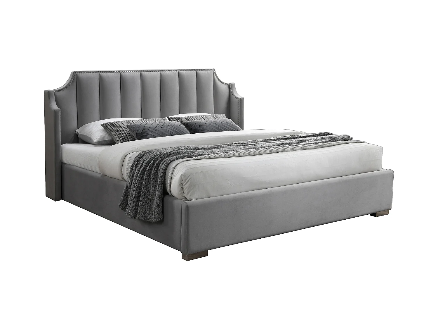 Lit coffre 160 x 200 cm avec tête de lit incurvée - Velours - Gris clair + Matelas - TEOMIS