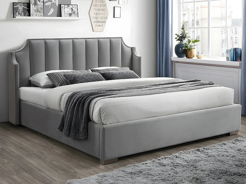 Lit coffre 160 x 200 cm avec tête de lit incurvée - Velours - Gris clair + Matelas - TEOMIS