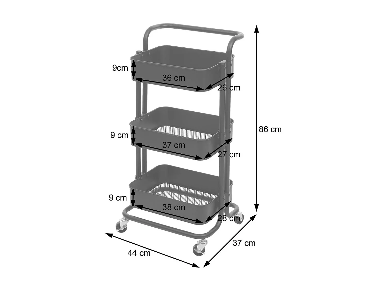 Carrello da portata cucina con manico MCW-C64 metallo 35x44x88cm nero