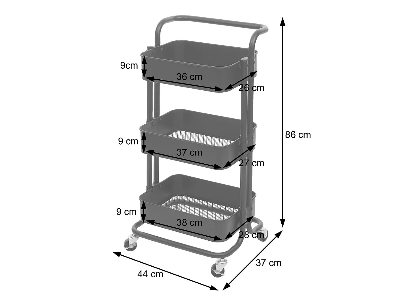 Chariot de service MCW-C64 avec poignée,  noir avec poignée