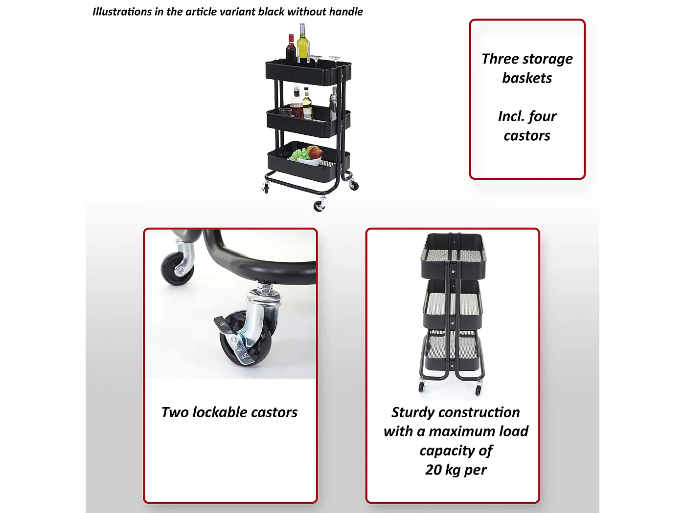 Chariot de service MCW-C64 avec poignée,  noir avec poignée
