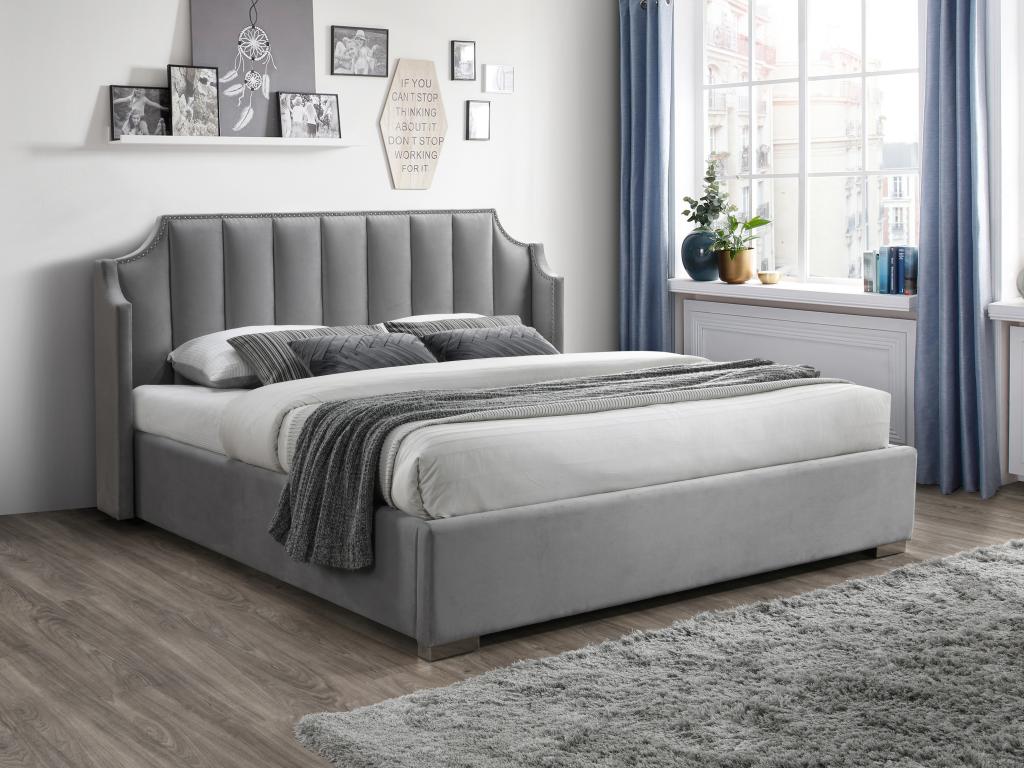 Lit coffre 180 x 200 cm avec tête de lit incurvée - Velours - Gris clair + Matelas - TEOMIS