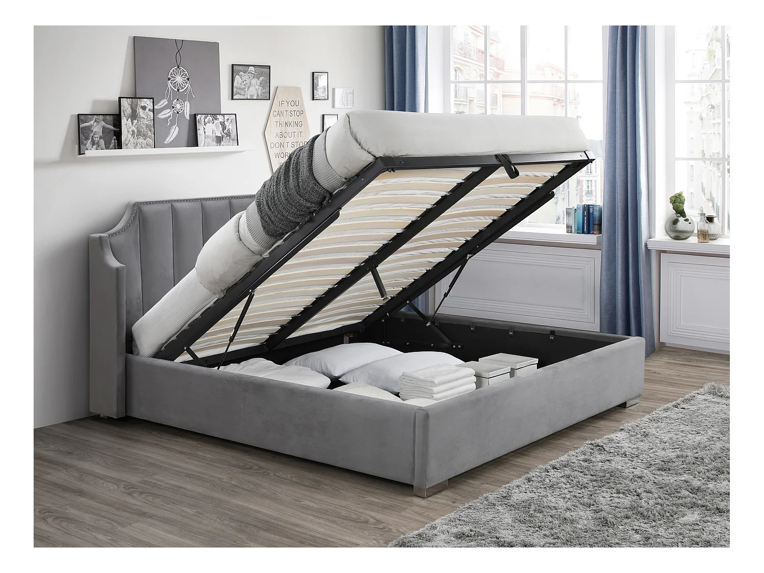 Letto con contenitore 180 x 200 cm con testata letto curva Velluto Grigio + Materasso  - TEOMIS