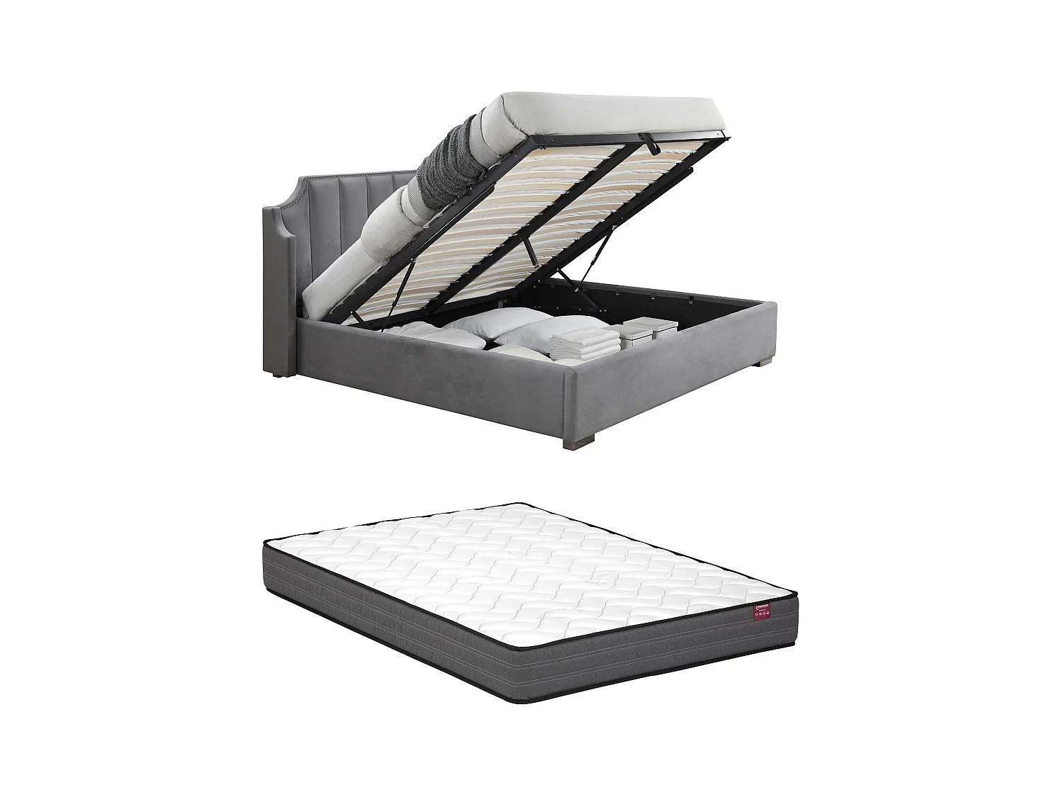 Letto con contenitore 180 x 200 cm con testata letto curva Velluto Grigio + Materasso  - TEOMIS