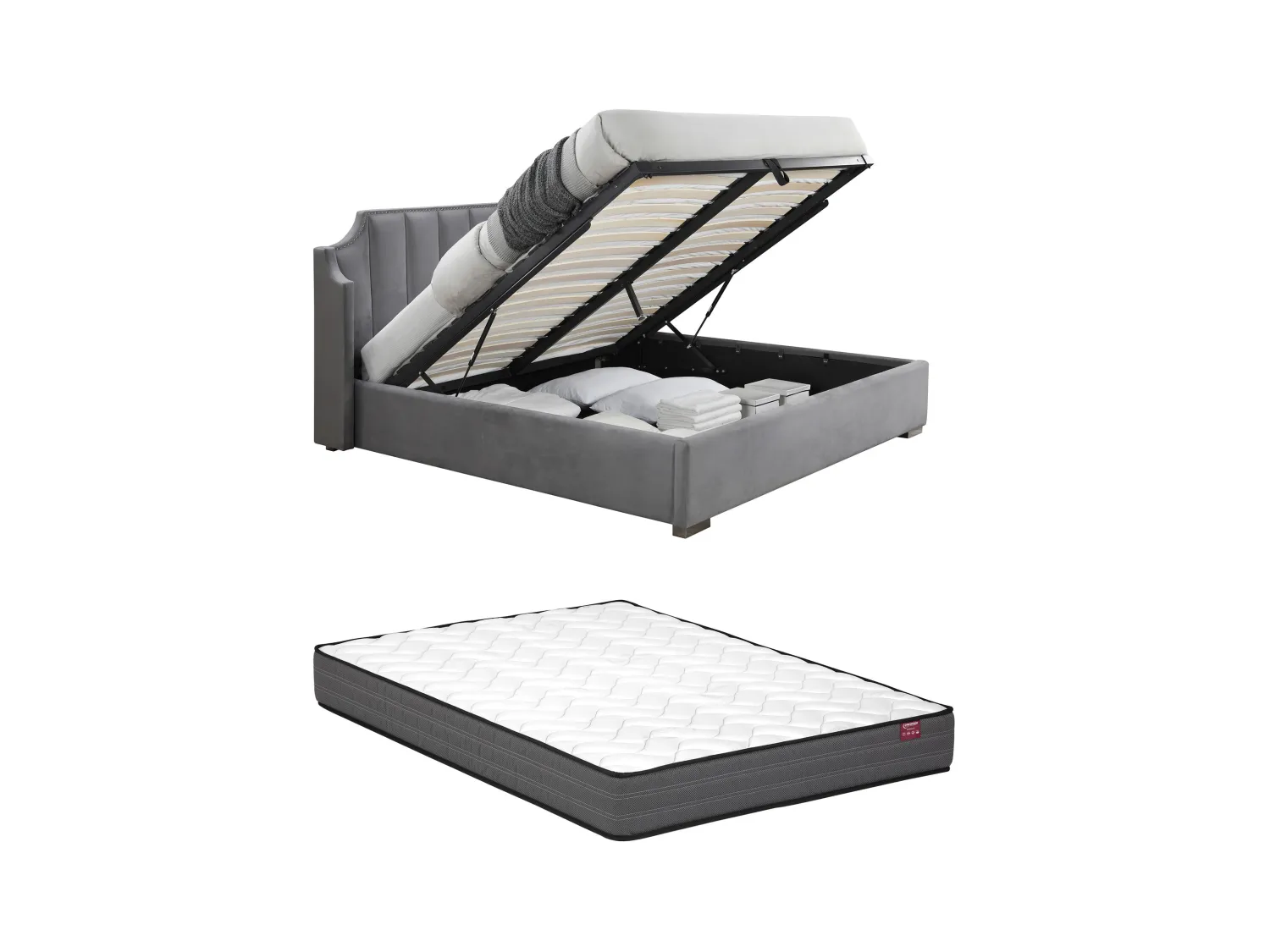 Canapé abatible 180 x 200 cm con cabecero curvado - Terciopelo - Gris claro + Colchón - TEOMIS