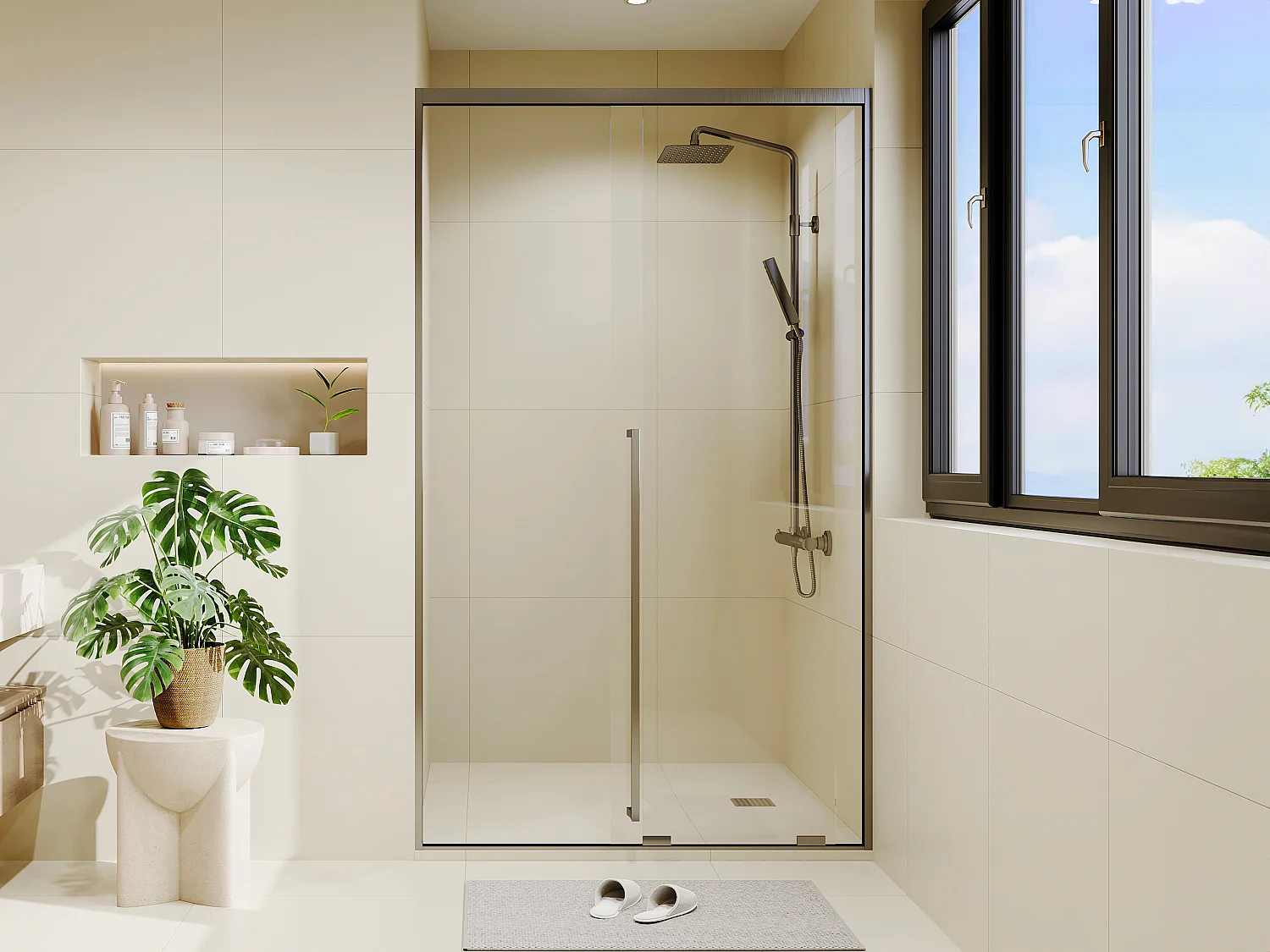 Porte de douche coulissante - Verre trempé 8 mm - 120 x 200 cm - Coloris Gun métal - COVINGTON