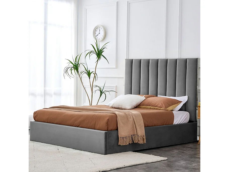 Lit 2 places 160x200 cm avec tête de lit en velours gris Souls