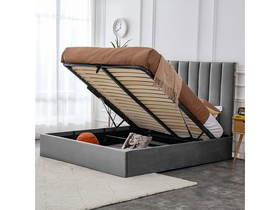 Lit 2 places 160x200 cm avec tête de lit en velours gris Souls