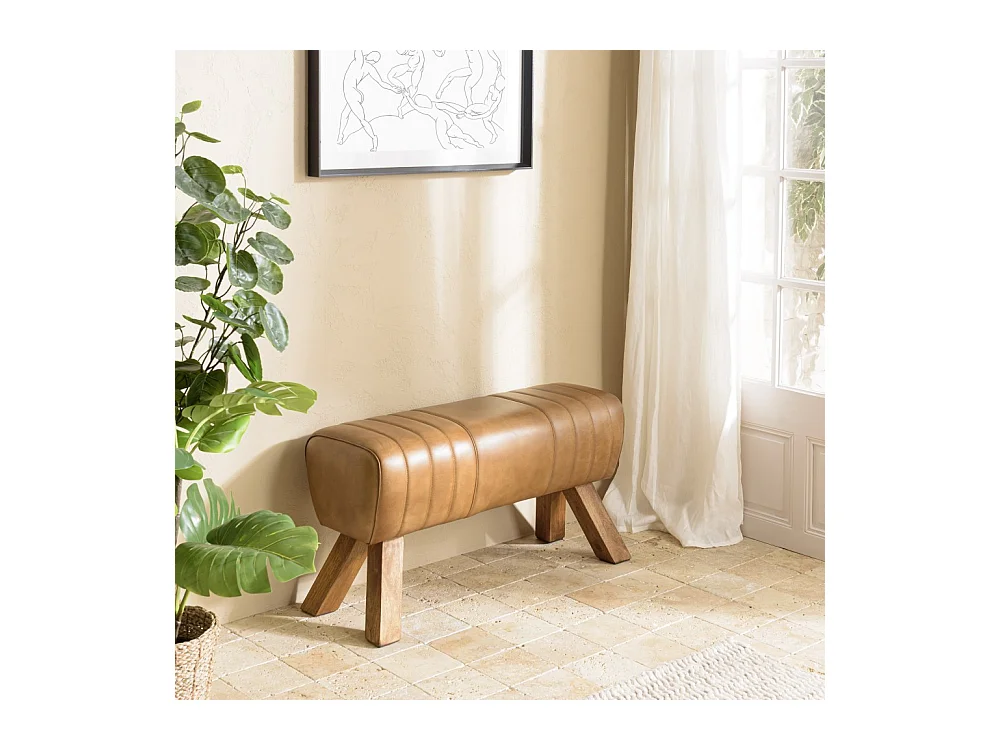 MARCEL - Banc matelassé cuir marron pieds inclinés en bois de manguier