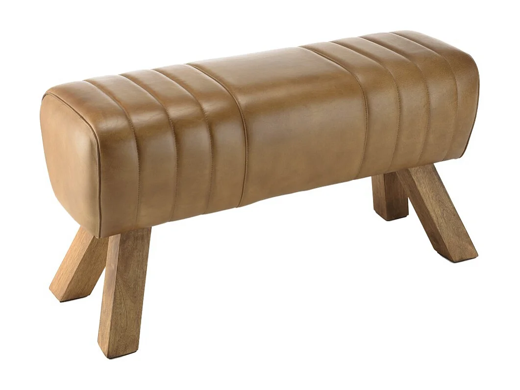 MARCEL - Banc matelassé cuir marron pieds inclinés en bois de manguier