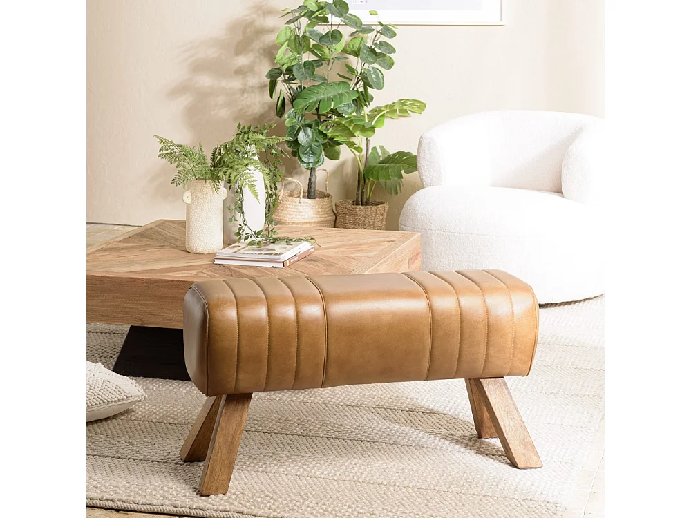 MARCEL - Banc matelassé cuir marron pieds inclinés en bois de manguier