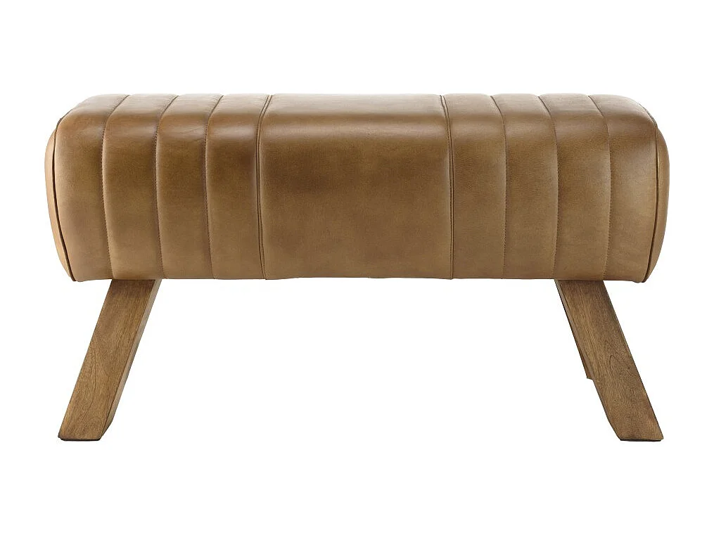 MARCEL - Banc matelassé cuir marron pieds inclinés en bois de manguier