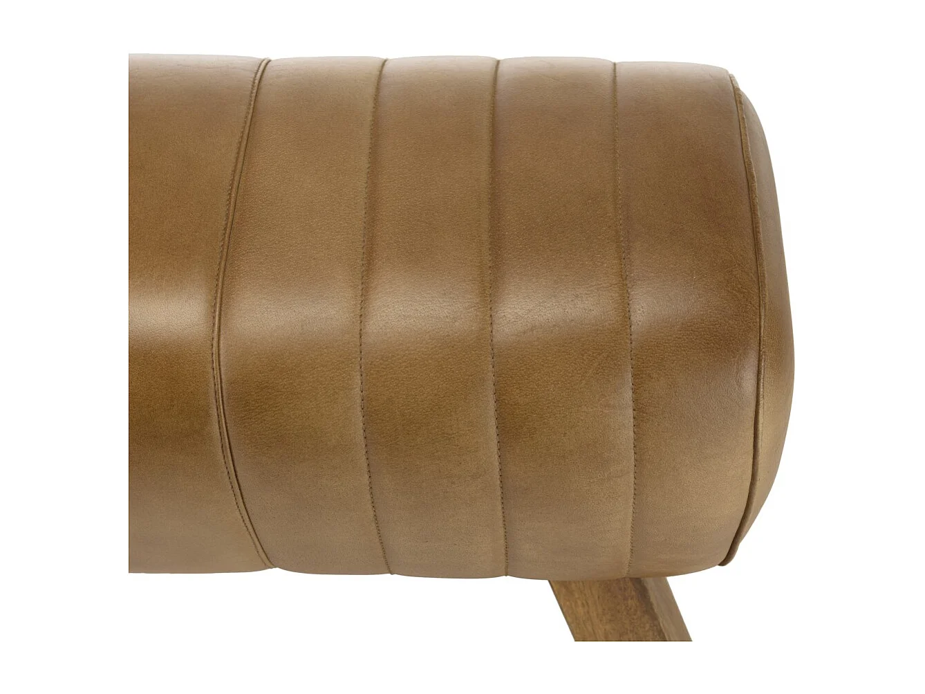 MARCEL - Banc matelassé cuir marron pieds inclinés en bois de manguier