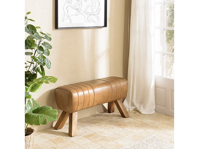 MARCEL - Banc matelassé cuir marron pieds inclinés en bois de manguier