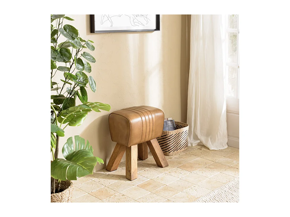MARCEL - Tabouret matelassé en cuir marron pieds inclinés en manguier