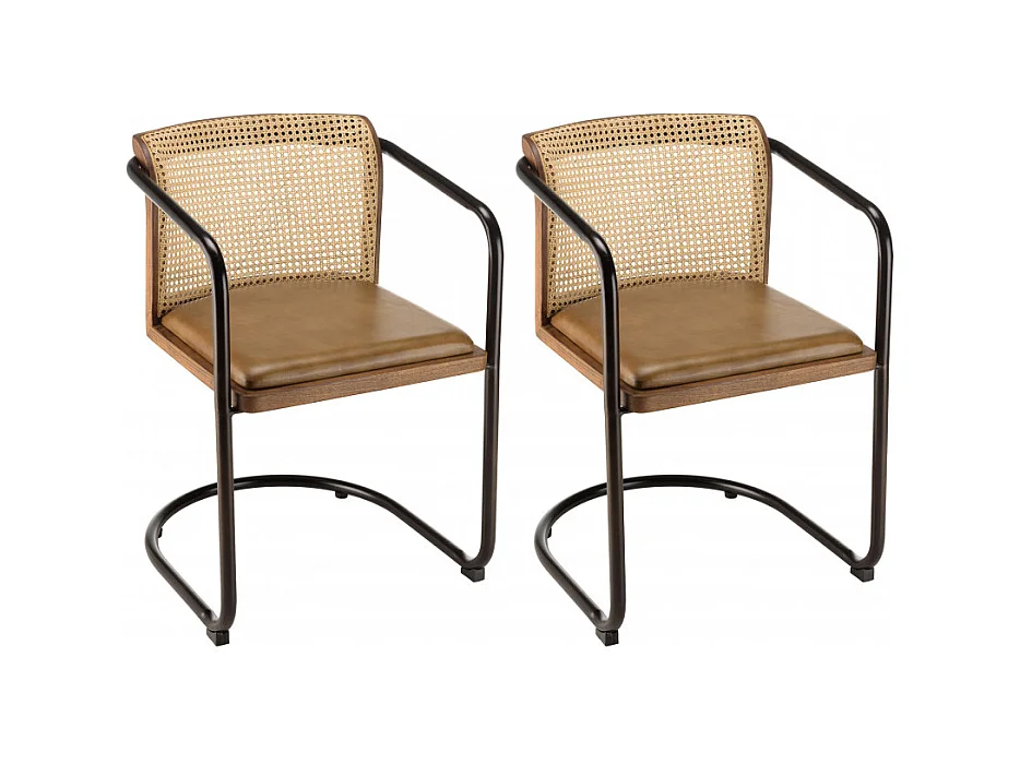 MARCEL - Lot de 2 fauteuils manguier assise cuir dossier arrondi rotin