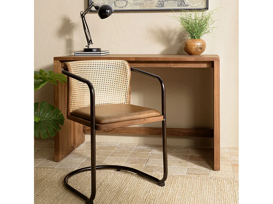 MARCEL - Lot de 2 fauteuils assise cuir dossier bois manguier / rotin