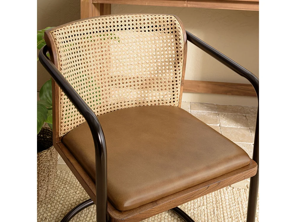 MARCEL - Lot de 2 fauteuils assise cuir dossier bois manguier / rotin