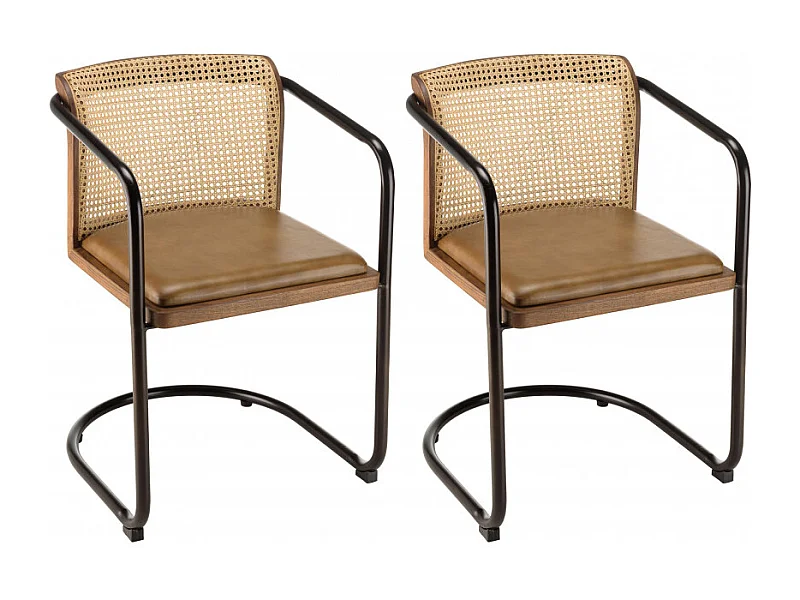 MARCEL - Lot de 2 fauteuils assise cuir dossier bois manguier / rotin