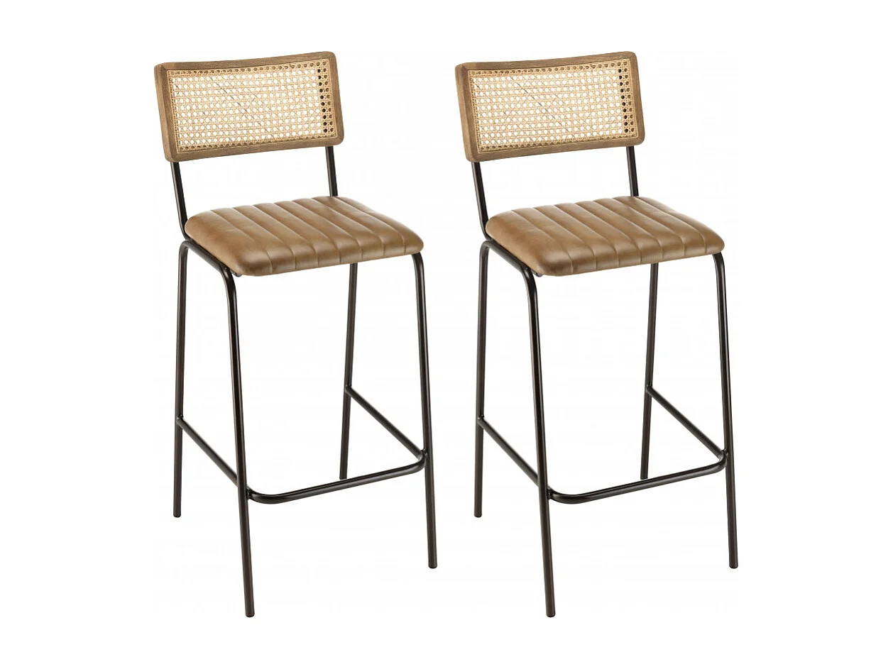 MARCEL - Lot de 2 tabourets de bar cuir et bois manguier / cannage