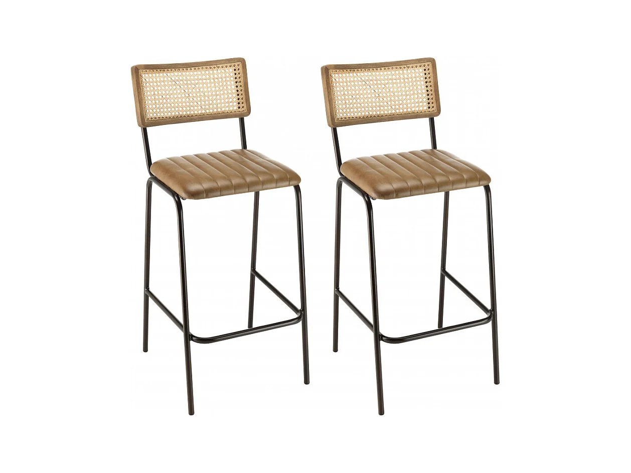 MARCEL - Lot de 2 tabourets de bar cuir et bois manguier / cannage
