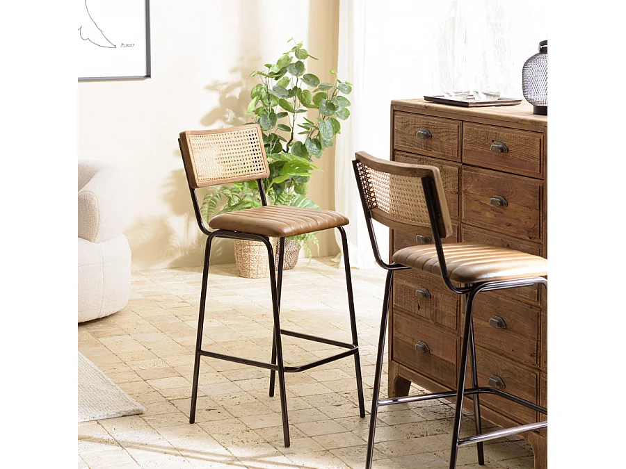MARCEL - Lot de 2 tabourets de bar cuir et bois manguier / cannage