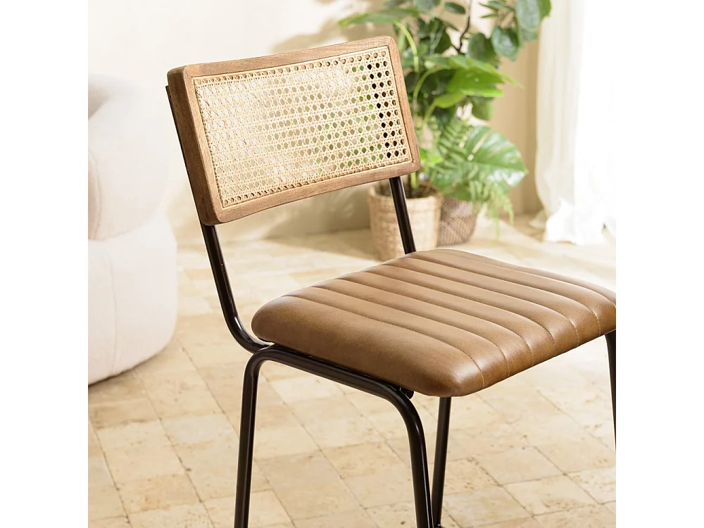 MARCEL - Lot de 2 tabourets de bar cuir et bois manguier / cannage