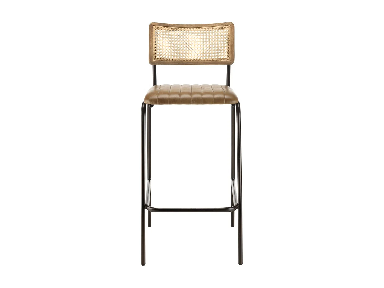 MARCEL - Lot de 2 tabourets de bar cuir et bois manguier / cannage