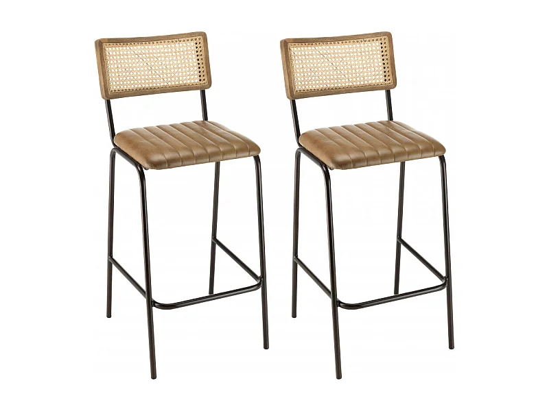 MARCEL - Lot de 2 tabourets de bar cuir et bois manguier / cannage