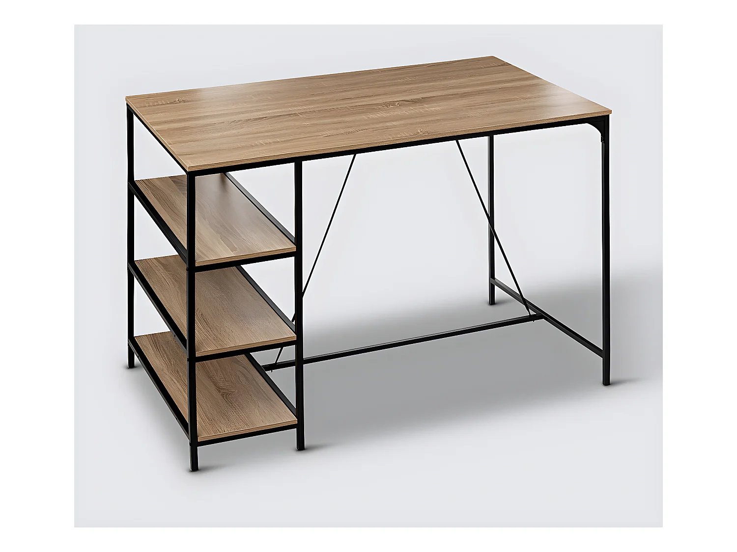 Table de bar, table haute avec 3 étagères en bois Beige et métal coloris noir