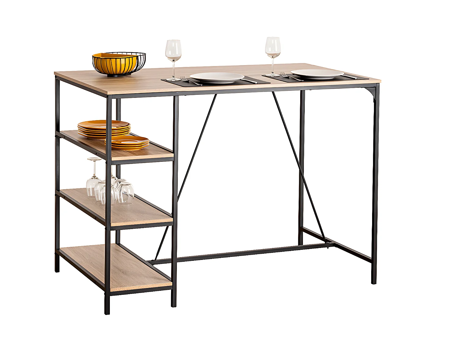 Table de bar, table haute avec 3 étagères en bois Beige et métal coloris noir