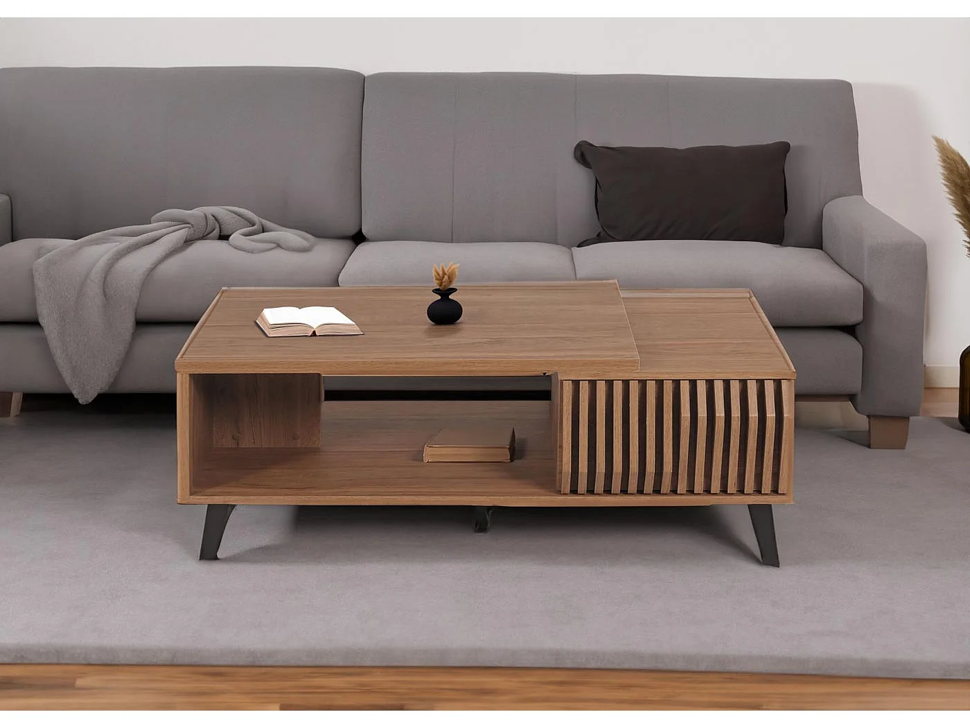 Tavolino salotto divano elegante MCW-M45 44x120x65cm legno effetto 3D marrone