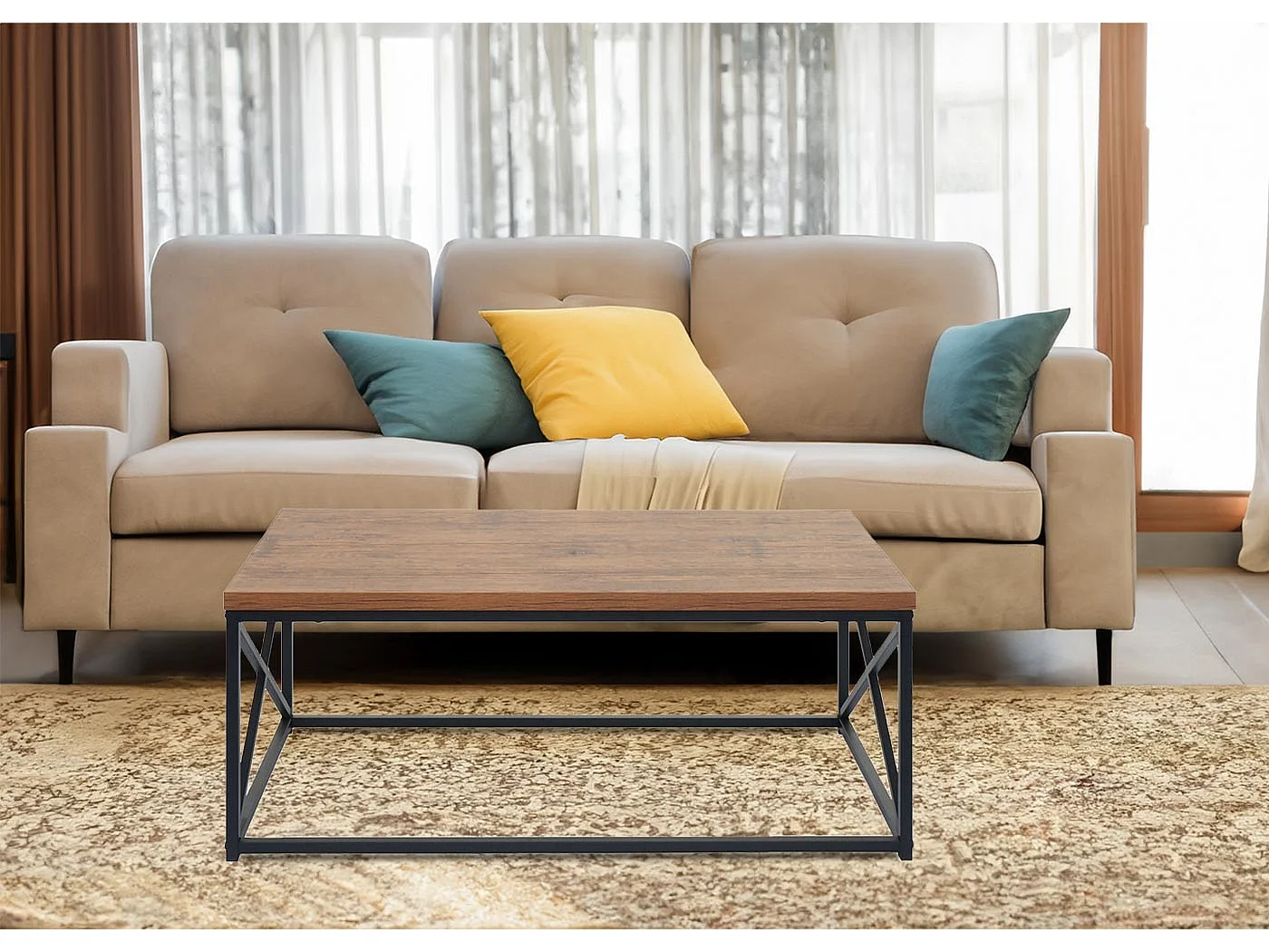 Tavolo da salotto divano MCW-A27 44x110x60cm acciaio MDF colore rovere