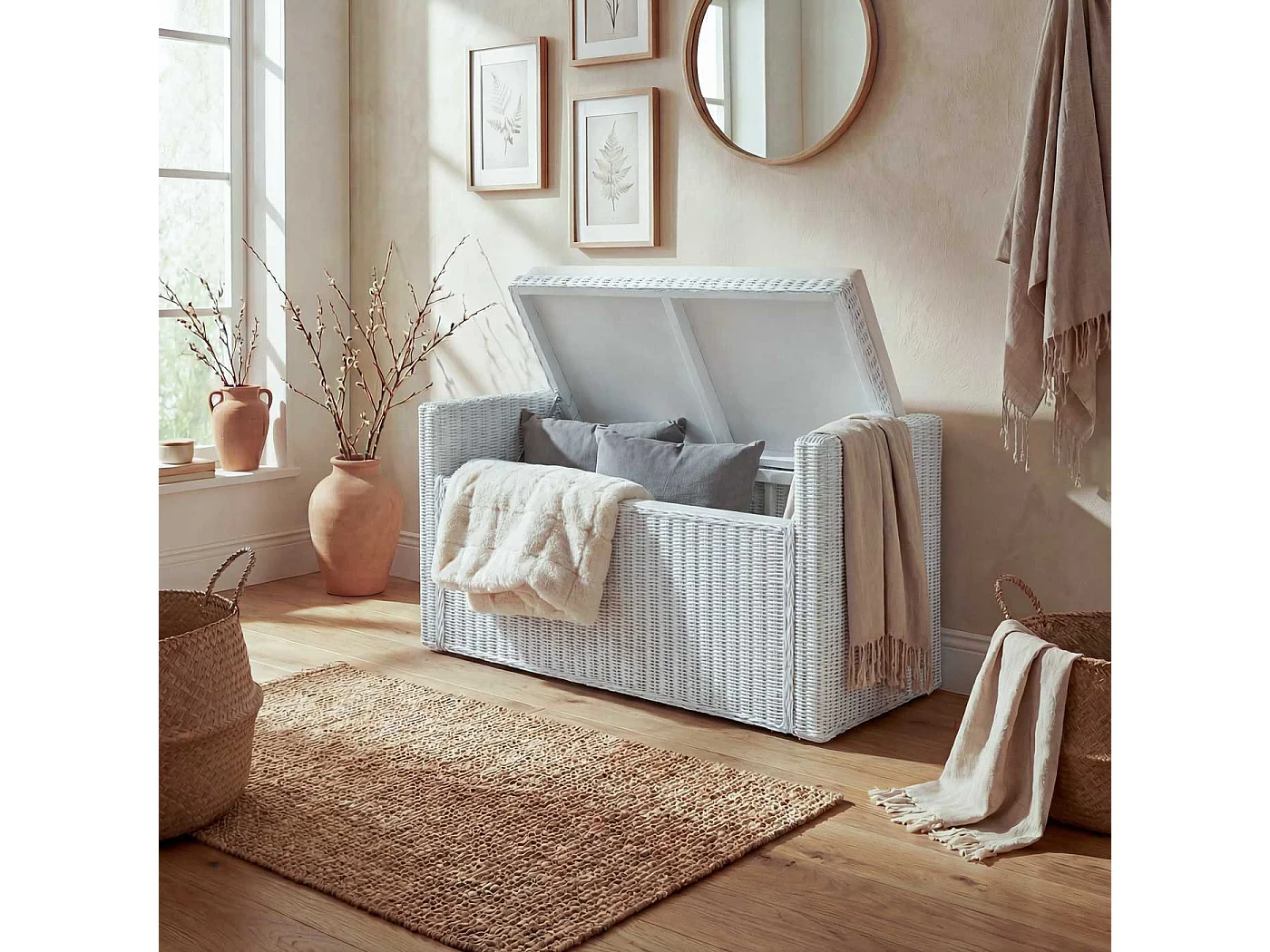 Baú de armazenamento Genua Rattan,  branco