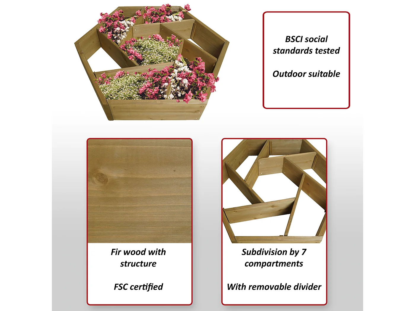 Pflanzkasten MCW-L70, Blumentopf Blumenbeet 7 Fächer, eckig 100x87cm Outdoor Tanne Holz MVG-zertifiziert, braun